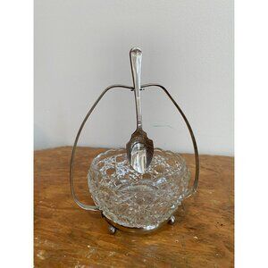 Vintage Glass Bowl With Silver-Plated Handle & Spoon Ornate Design Approx. 5" Di